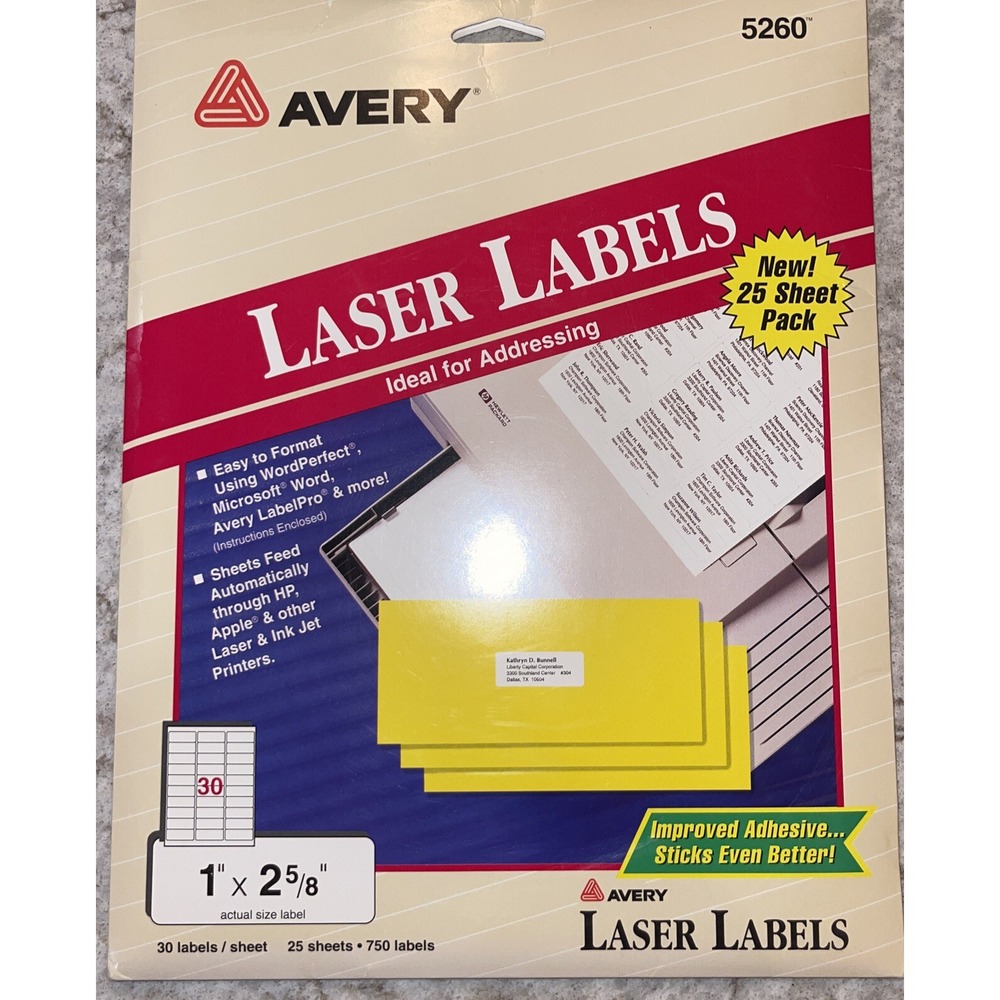 Avery Easy Peel Address Laser Labels 5260 1 x 2-5/8" Pack of 750